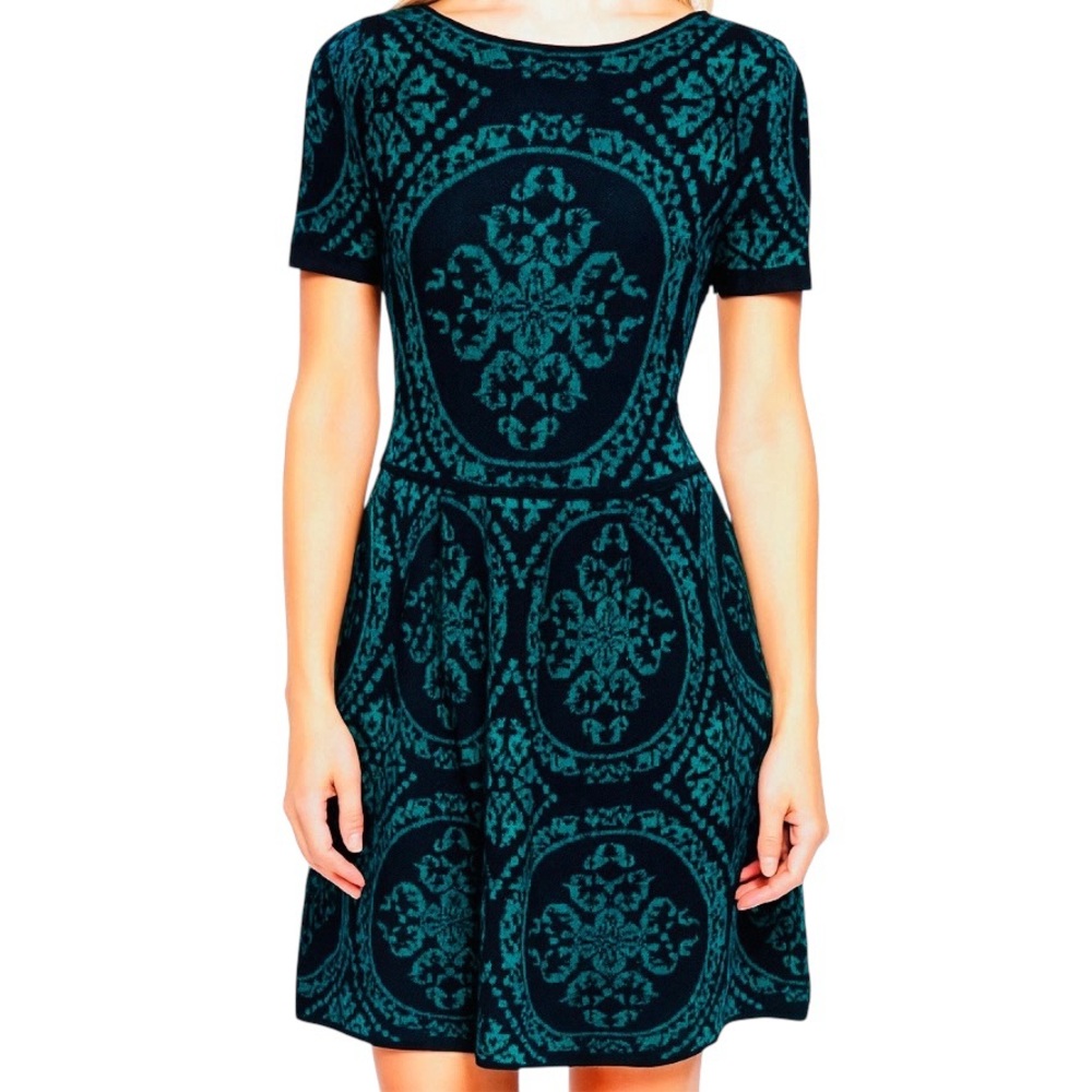 Romeo & Juliet Couture Teal Black Damask Knit Sweater Dress Size L